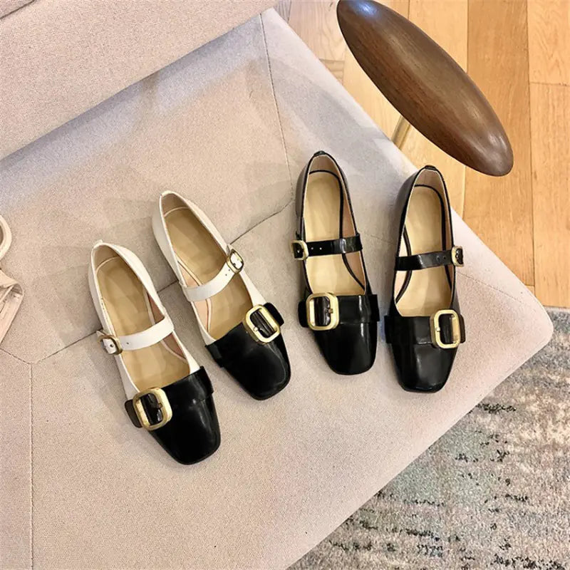 Colorblock Square Toe Mary Jane Cowhide Flat Shoes