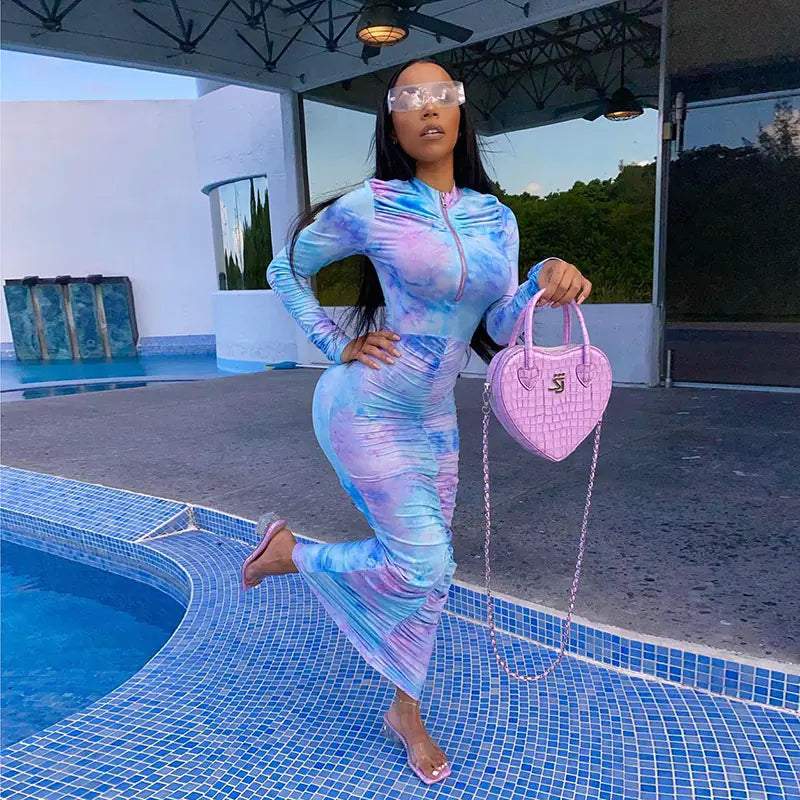 Autumn Digital Print Long Sleeve Bodycon Dress for Women